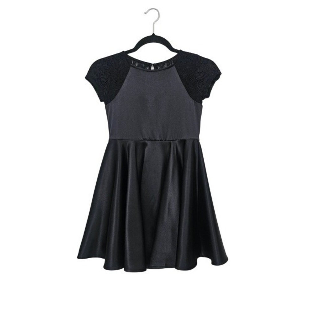Calvin Klein Black Satin Fit Flare Dress GIrls 8 Lace Party Formal Twirl ~